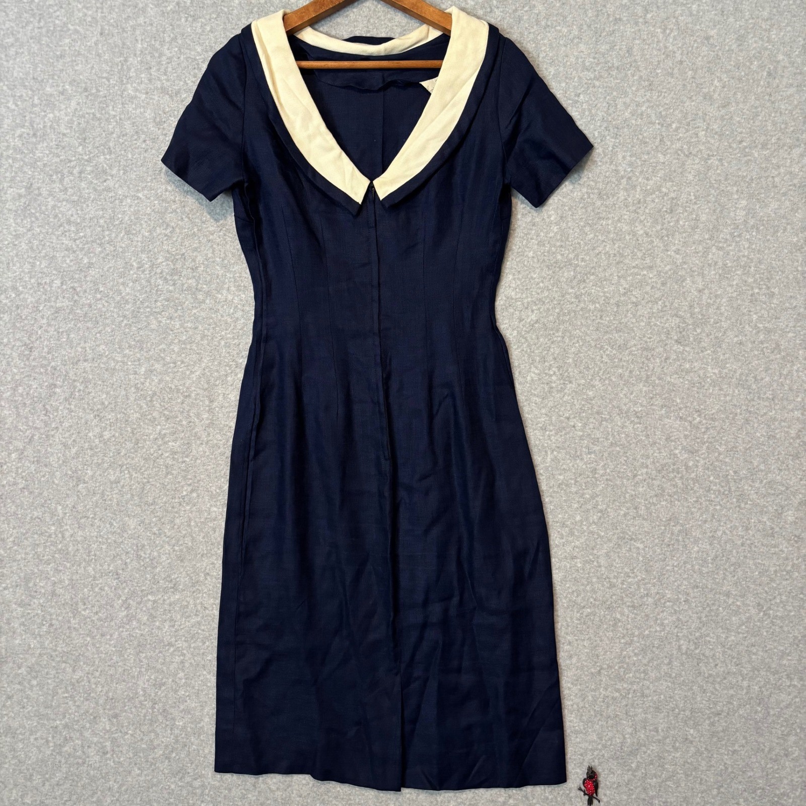 Vintage 50s Henry Rosenfeld Navy Blue Dress Cream Shawl Collar Linen Sheath Midi