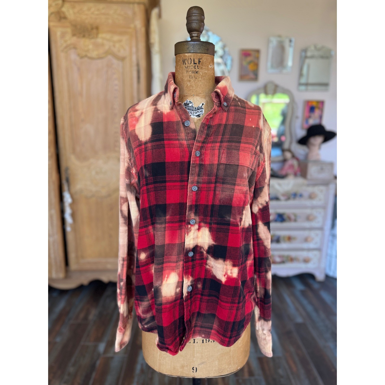 Vintage Skunk Upcycled Bleached Flannel Shirt Folk Art Medium
