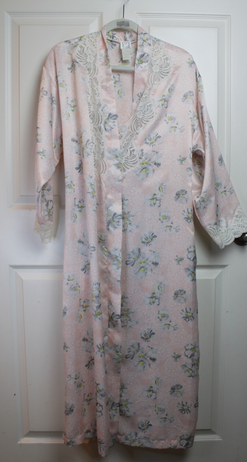 VTG Eve Stillman Floral Print Pink Satin Peignoir Robe Lace Full Length S NO TIE