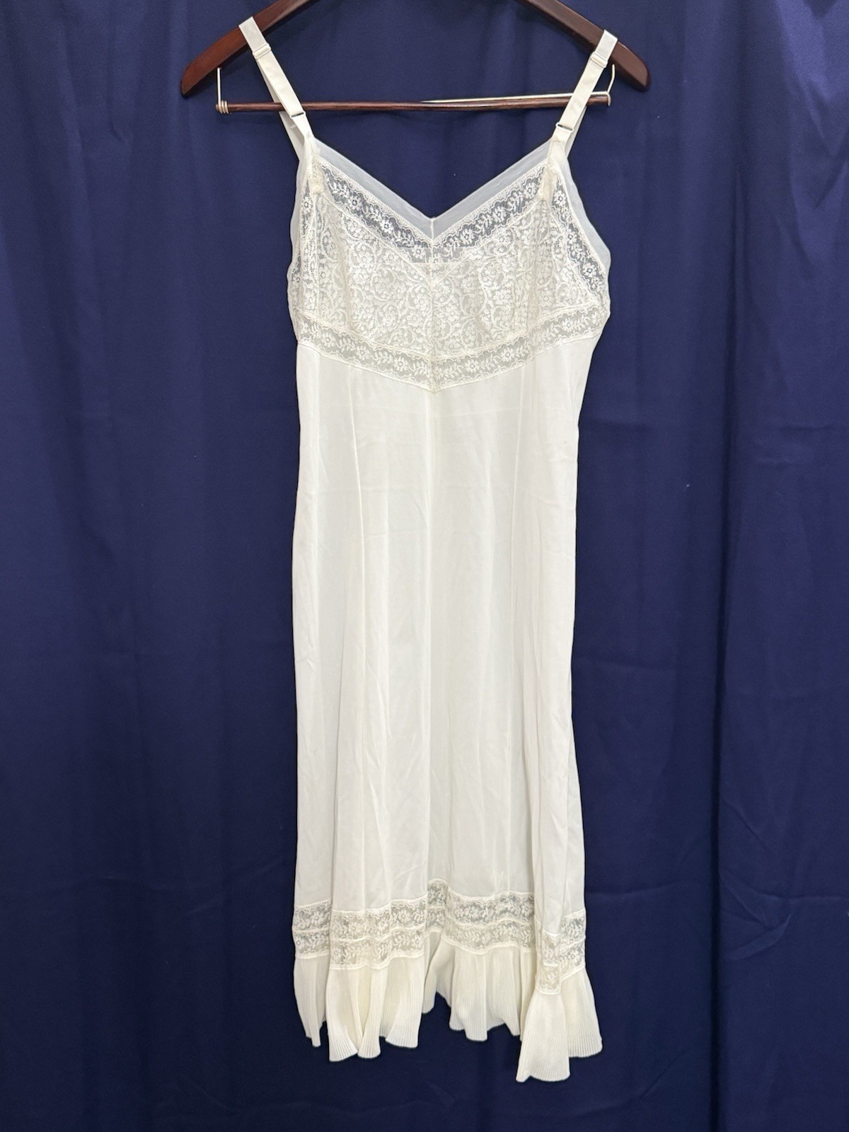 VTG Ivory Lace Slip Dress Pleated Ruffle Hem Nylon Coquette Bridal Midi