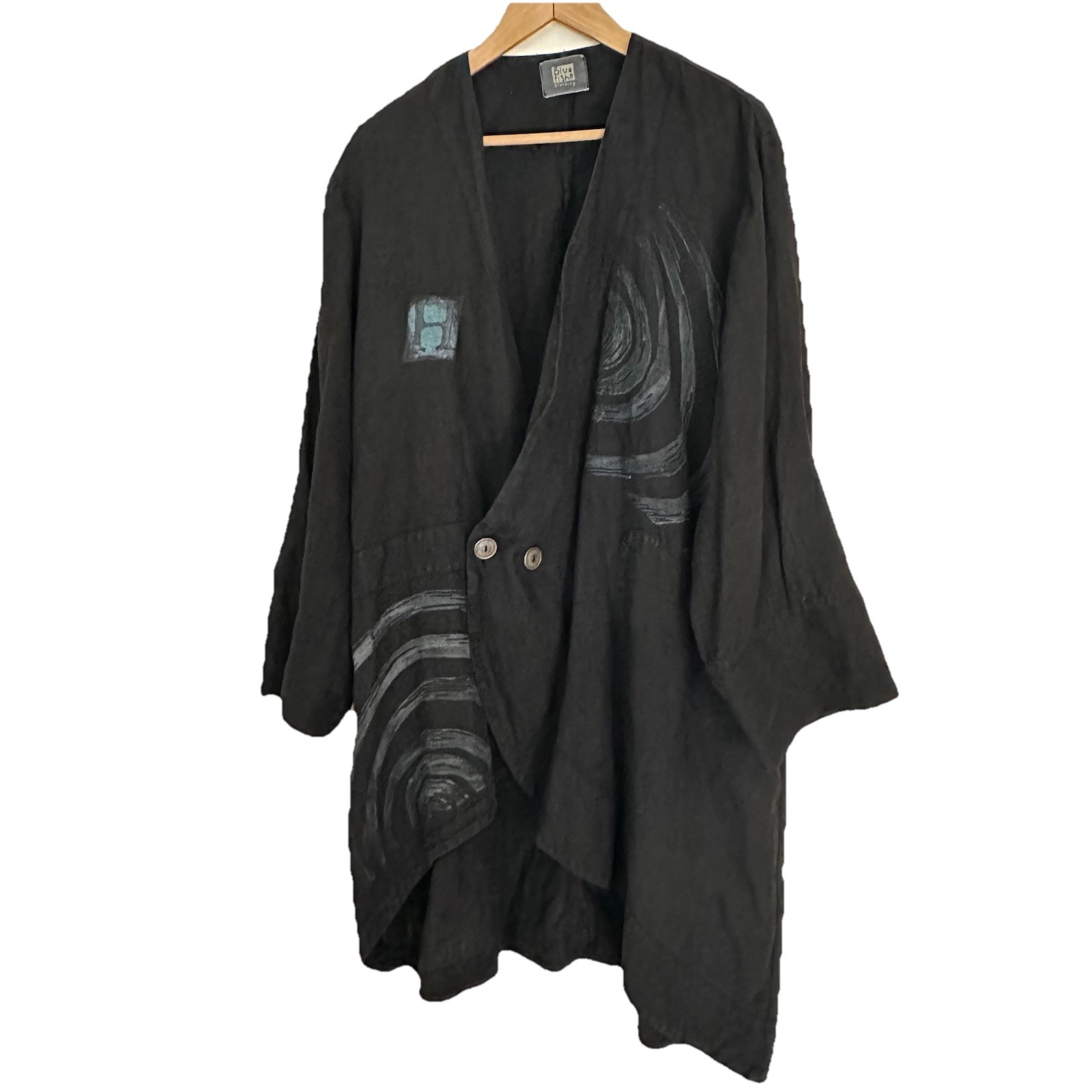 Vintage Blue Fish Women’s OS Black Hemp Lagenlook Handpainted Long Coat Jacket