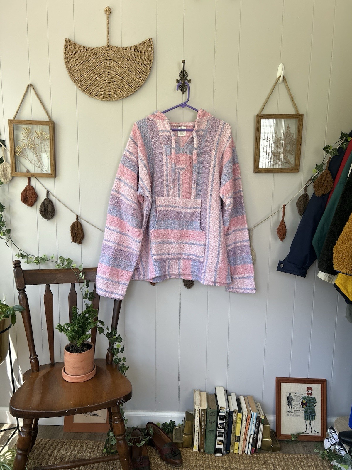 Vintage Baja Hoodie Artesanias Cuanatzi Pink Lavender Hippie Mexico Womens L