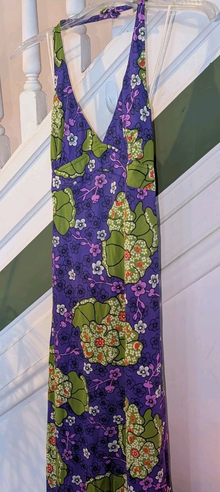 Vintage 70s HOUSE OF NINE Floral Halter Maxi Dress S Nylon Az 7 Green Purple
