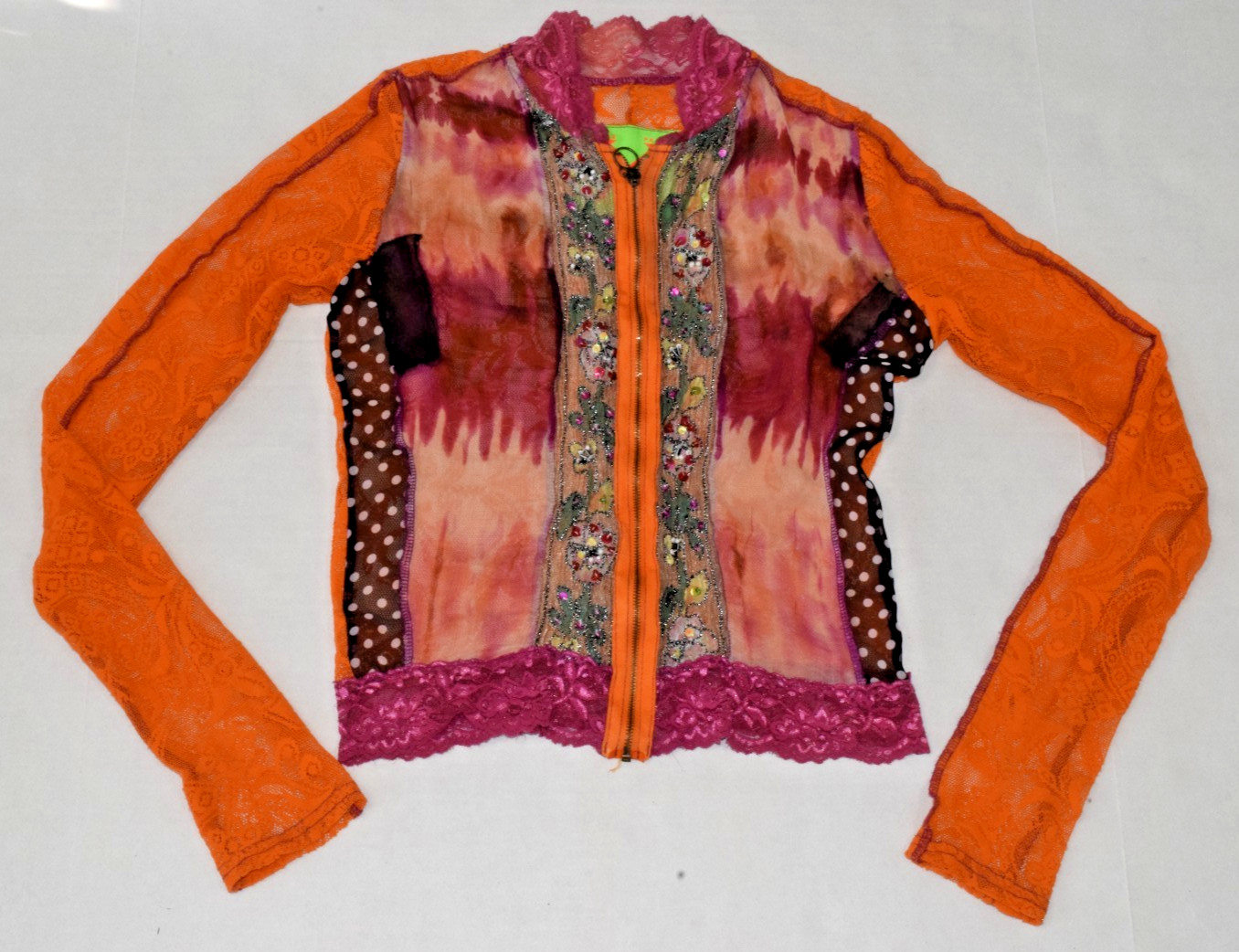 Vintage Top WooXooM Paris Size S Y2K Colorful Sheer Lace Patchwork Zip Front