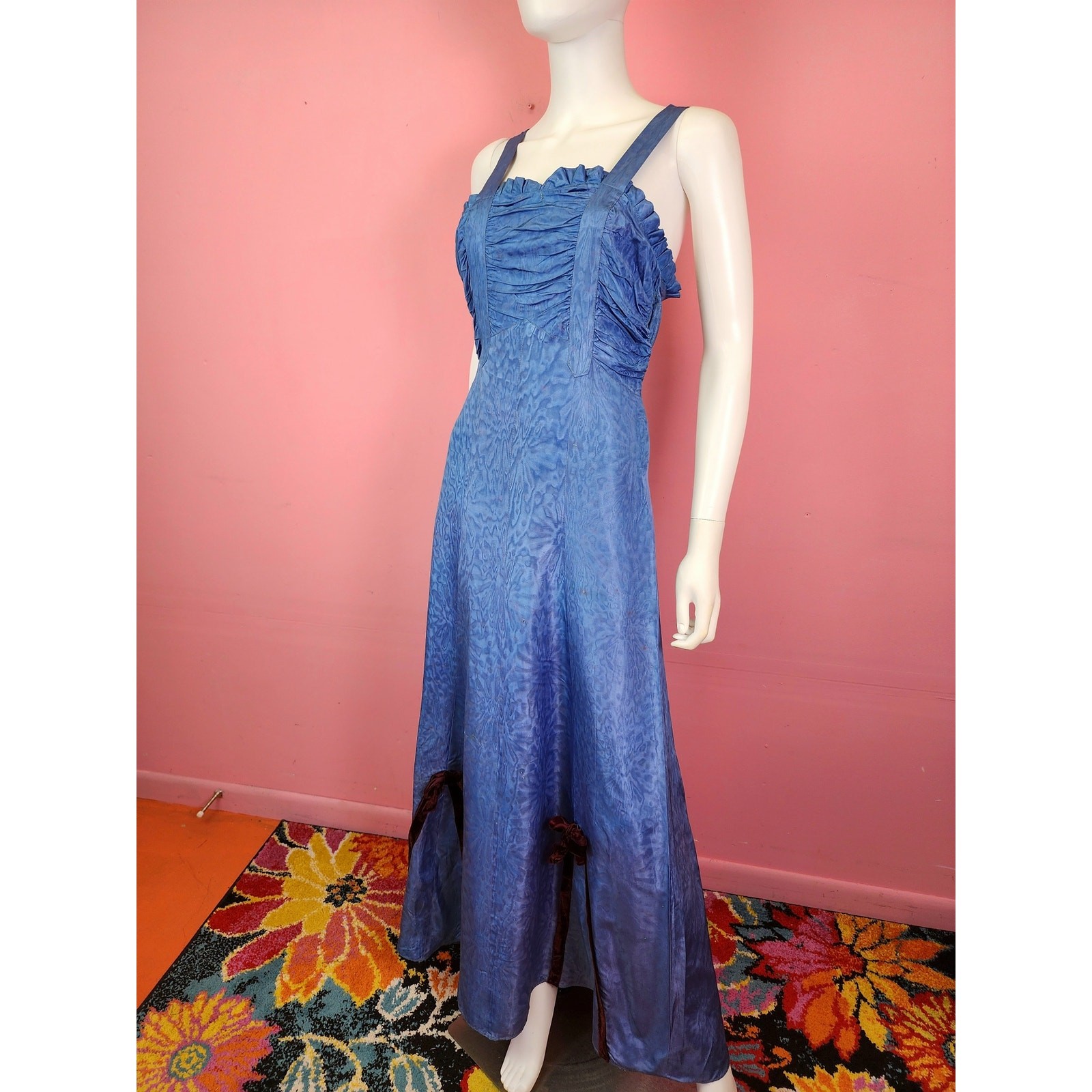 Antique 1930’s Moiré Satin Gown and Bolero Cornflower Blue Burgundy Velvet Bows
