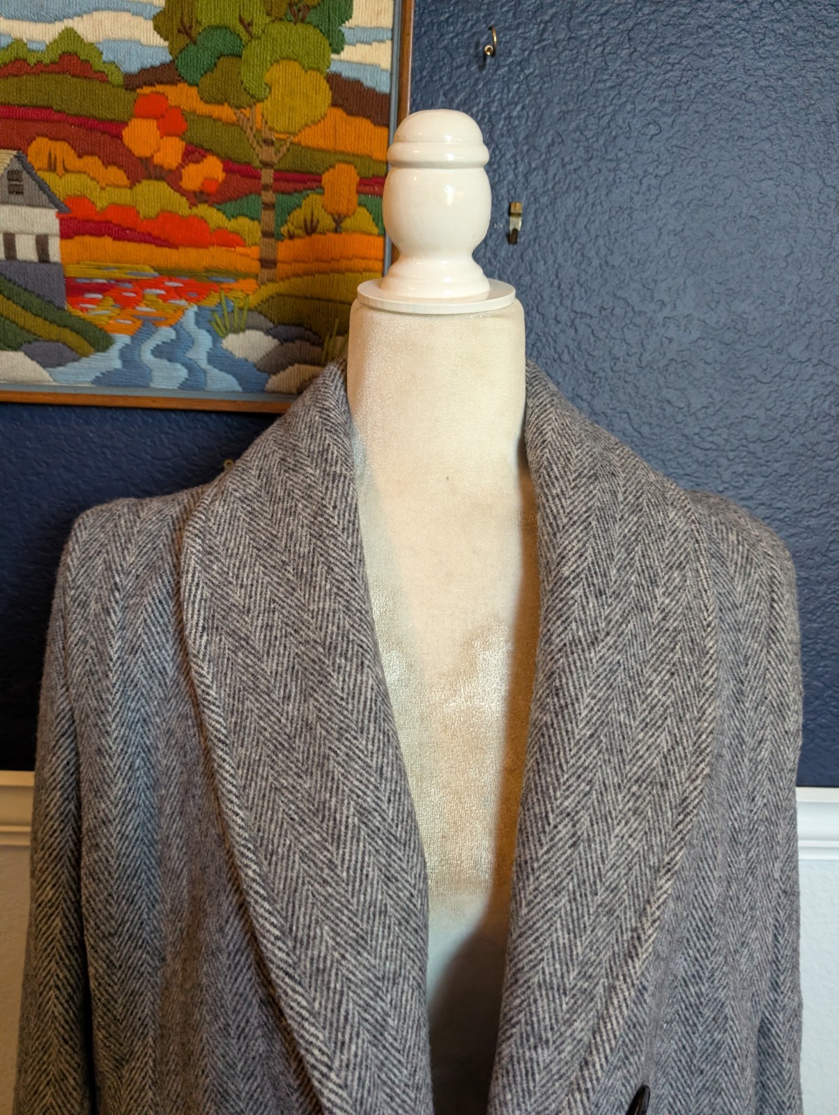VTG Herman Kay Gray Black Tweed Herringbone Wool Pea Coat Overcoat Sz Large L