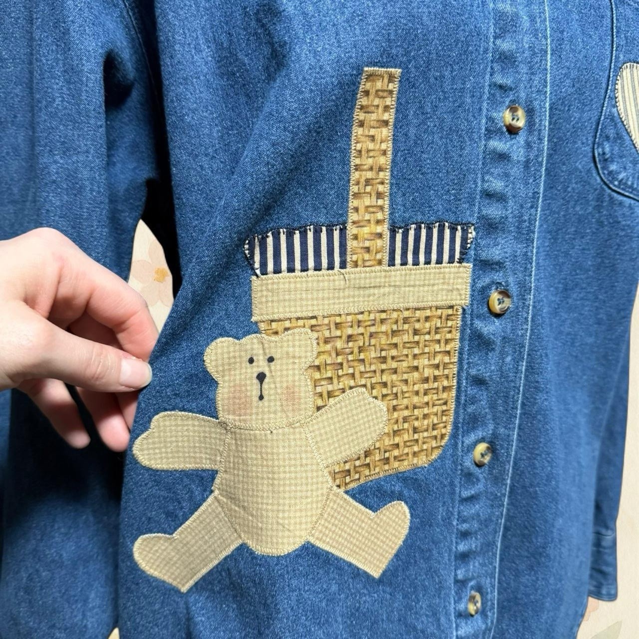 Vintage Teddy Bear Applique Denim Button Up Shirt Cottagecore Picnic Top Med