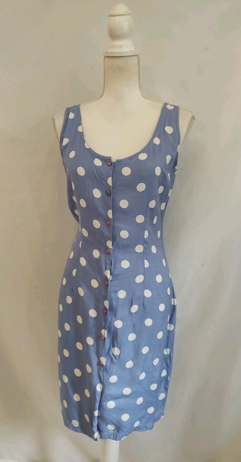 90’s Vintage Dress Together Pencil Dress Blue & White Polka Dot Button Front 8