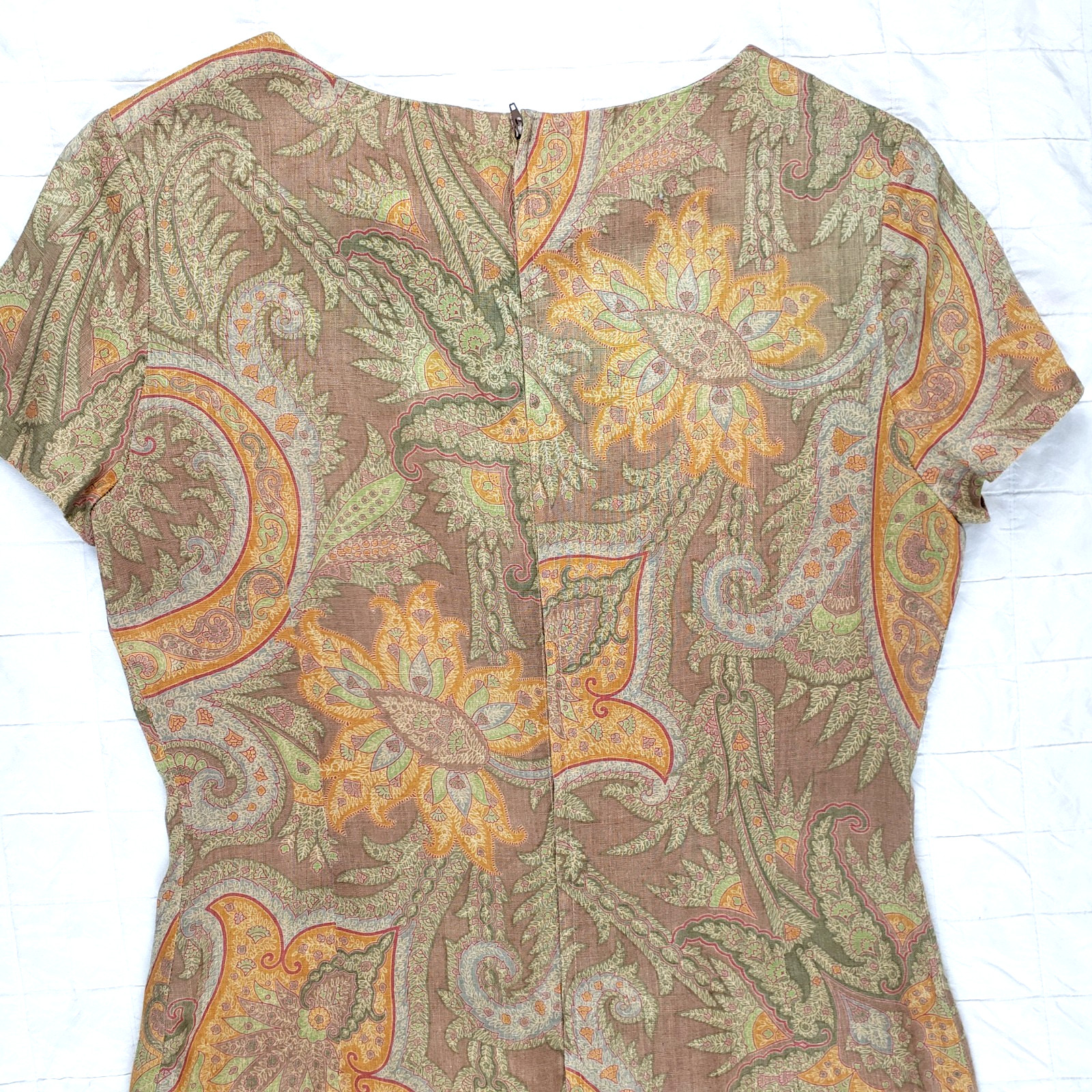 VTG Scapa of Scotland Brown Paisley Sheath dress 70s Secretary Sz SMALL (Tag 38)