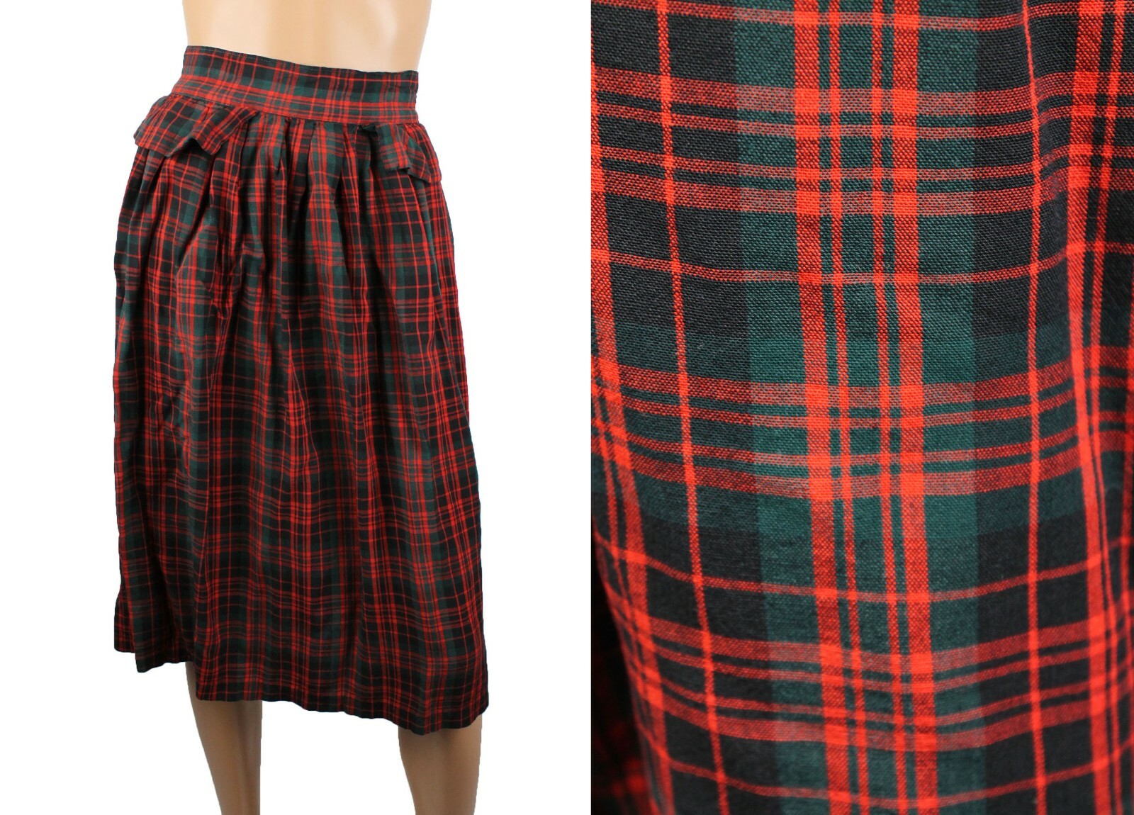 Vintage 60s Skirt Sz XXS Red Green Black Plaid Lightweight Wool Schoolgirl 2XS