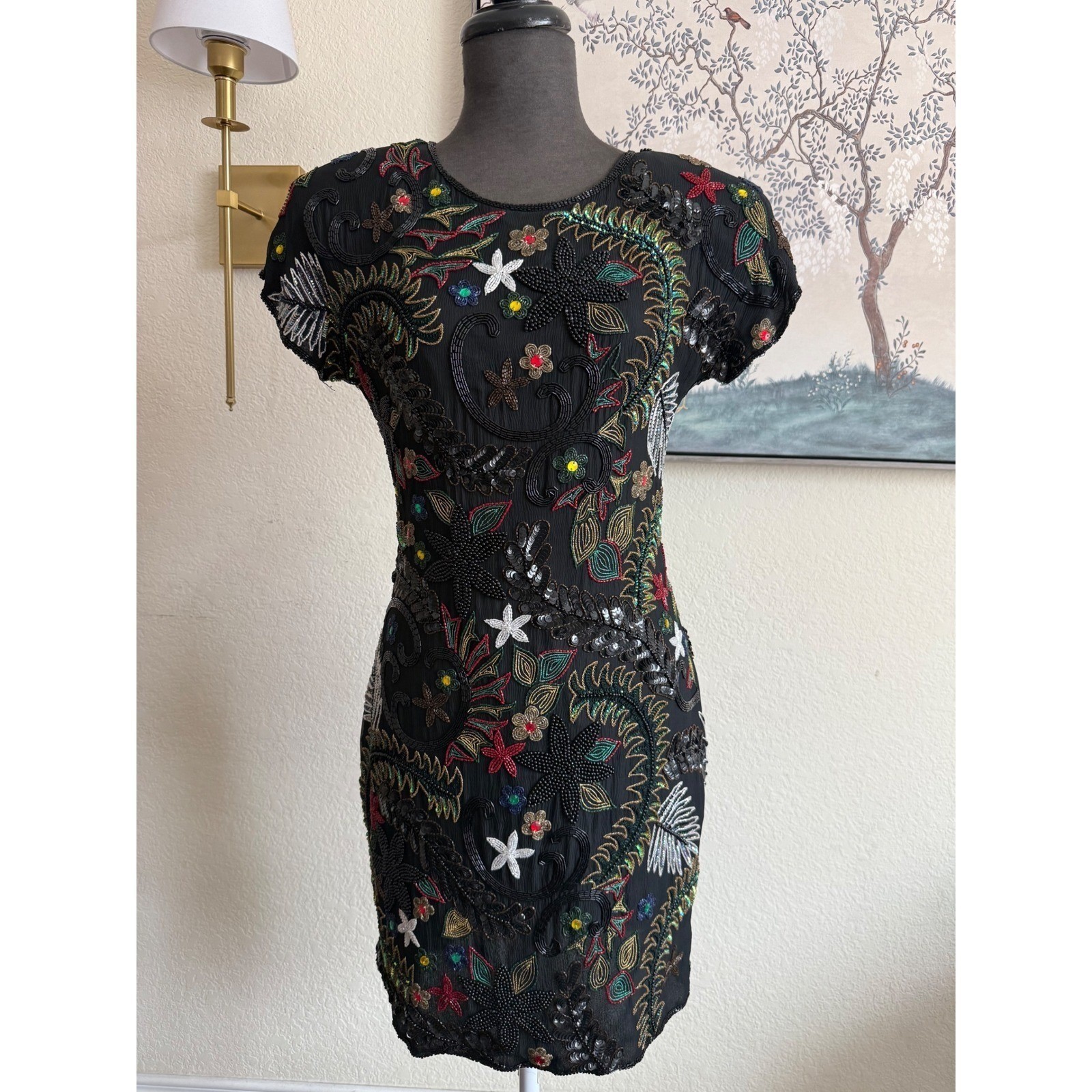 Pure Allure whimsical fairy Vintage Beaded Silk Mini Dress Black Floral Sequin