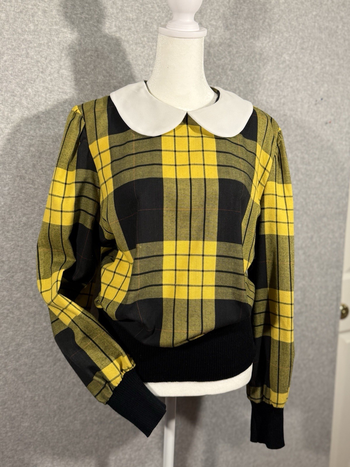 80s Sunshine Starshine Vintage Yellow plaid peter pan collar womens shirt M