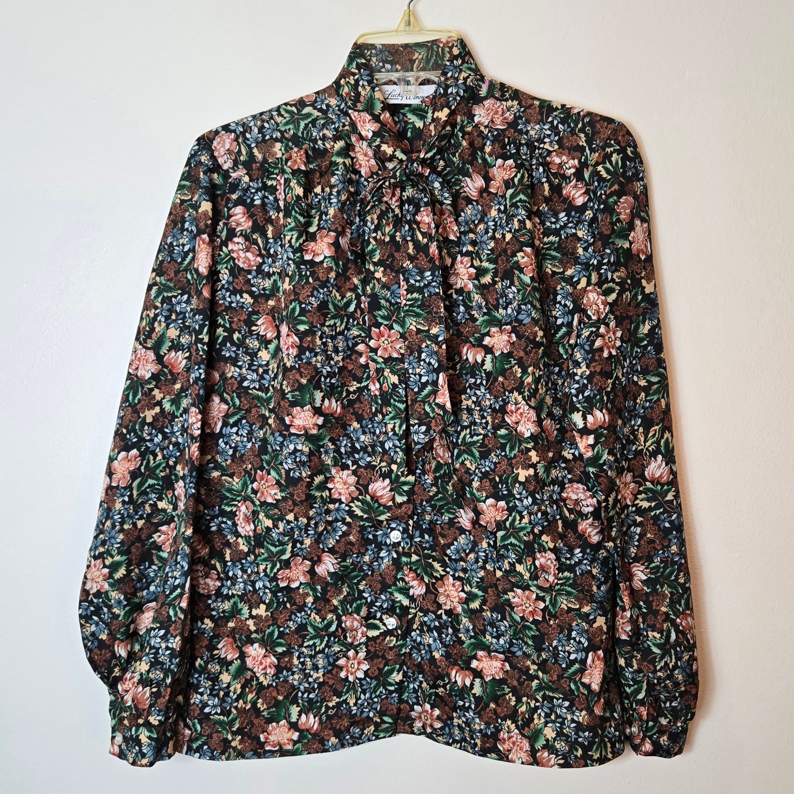 Lucky Winner Vintage Floral Bow Blouse Long Sleeve Button Down Shirt