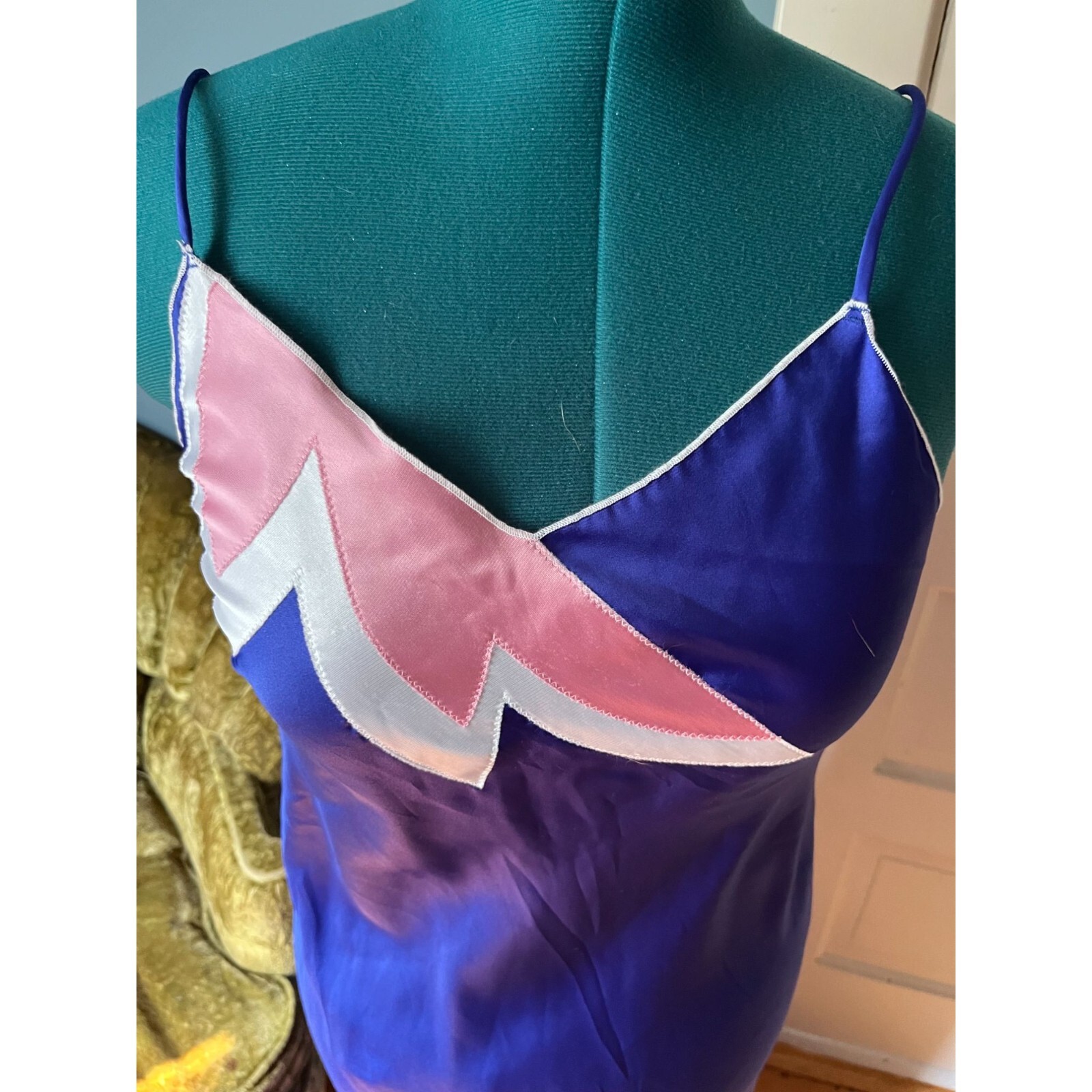 80s Strappy + Sexy Royal Blue Long Maxi Nightgown with Pink + White Neckline Des