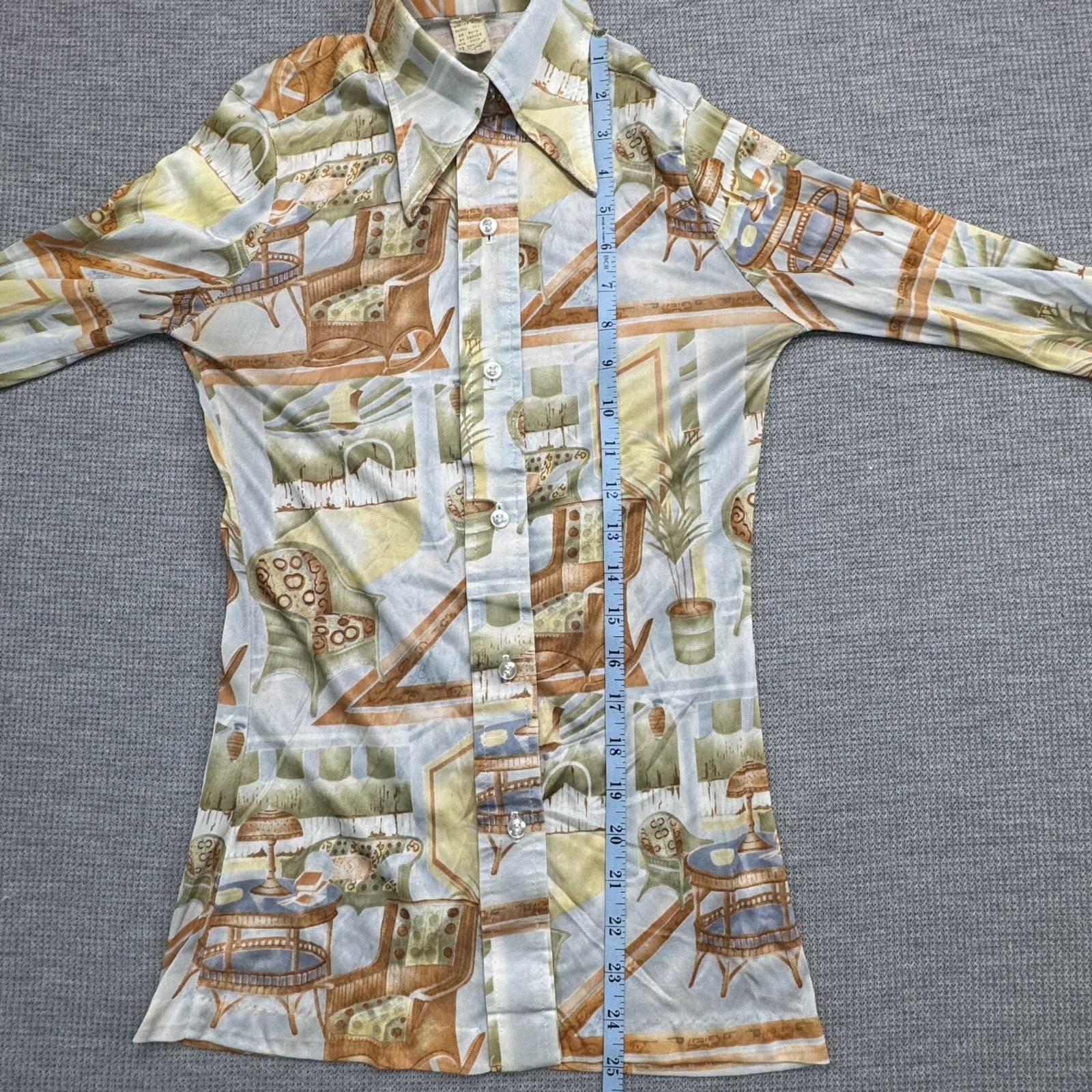 Vintage 70s Long Sleeve Collared Shirt With Retro Interior Design Print Size 7/8