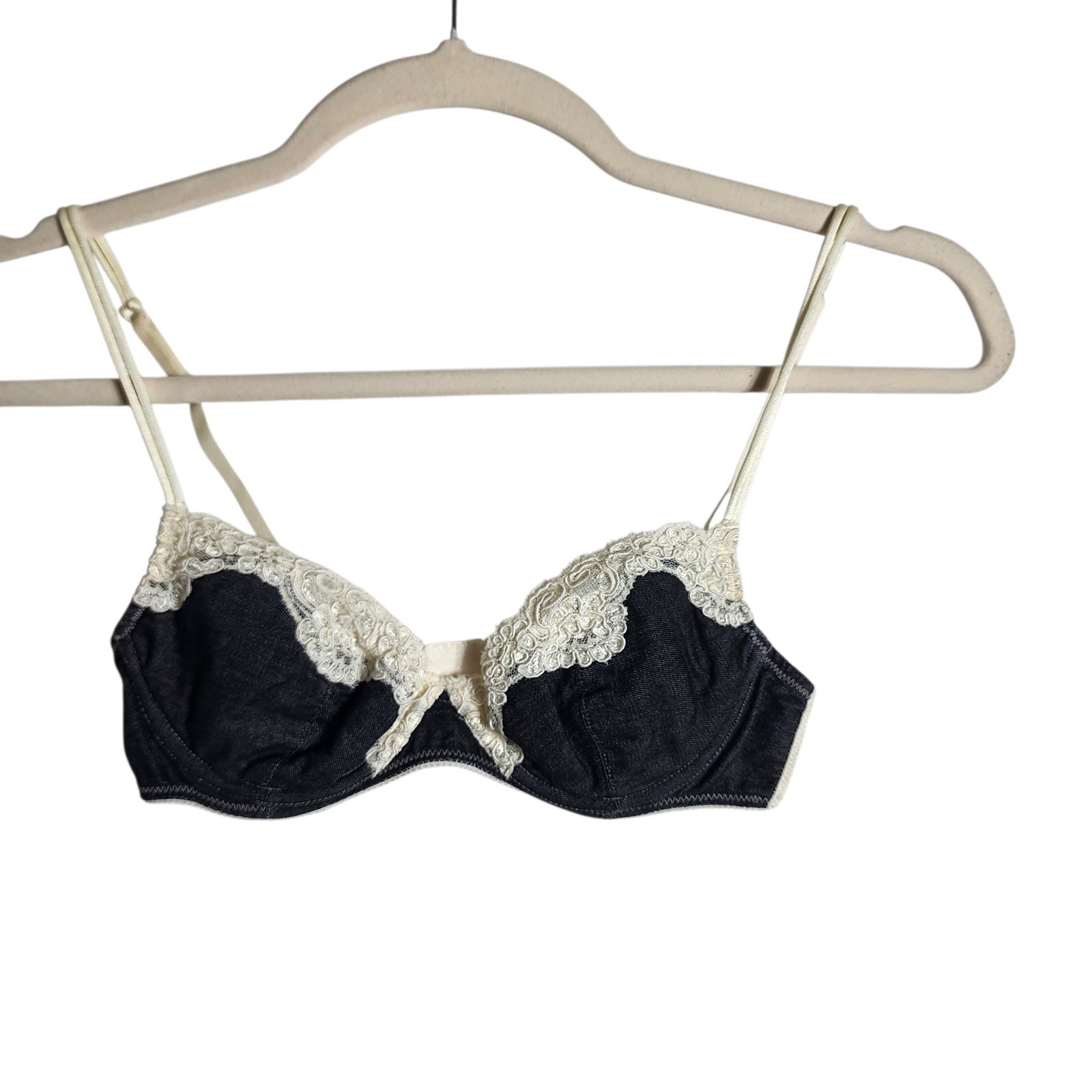 Vintage Victorias Secret Denim and Lace Underwire Bra 36B Blue Cream Balconette