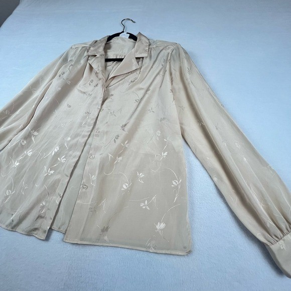 Vintage 70s Campus Casuals Floral Tie Neck Blouse Women’s M Champagne Button Up