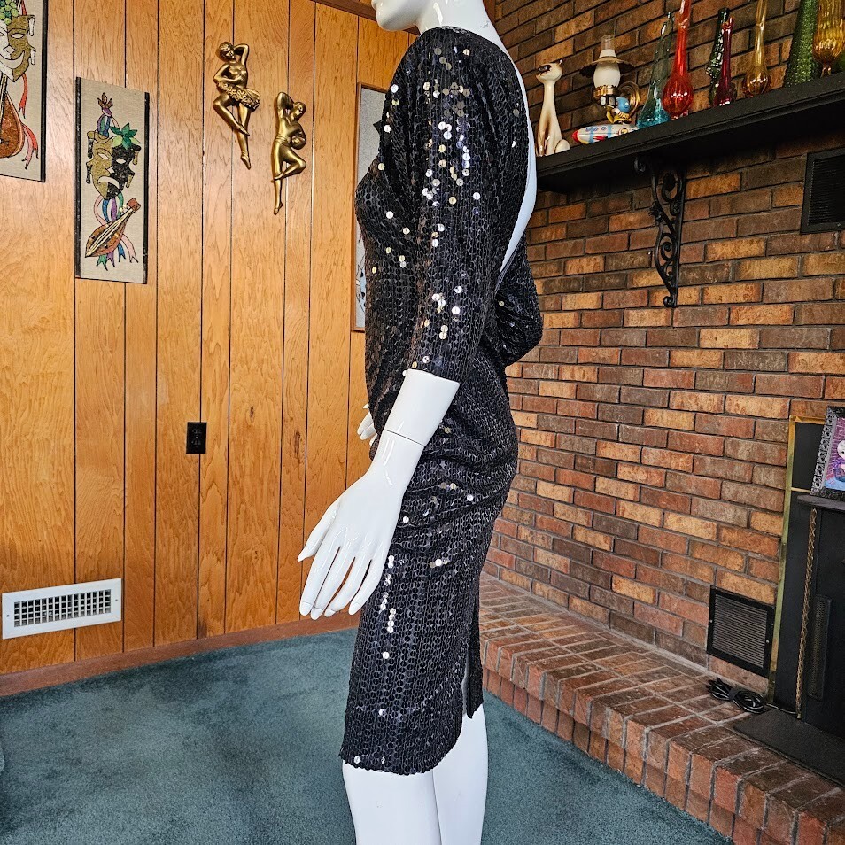 Vtg 80s Disco Oleg Cassini Sequin Backless Formal Evening Cocktail Party Dress S