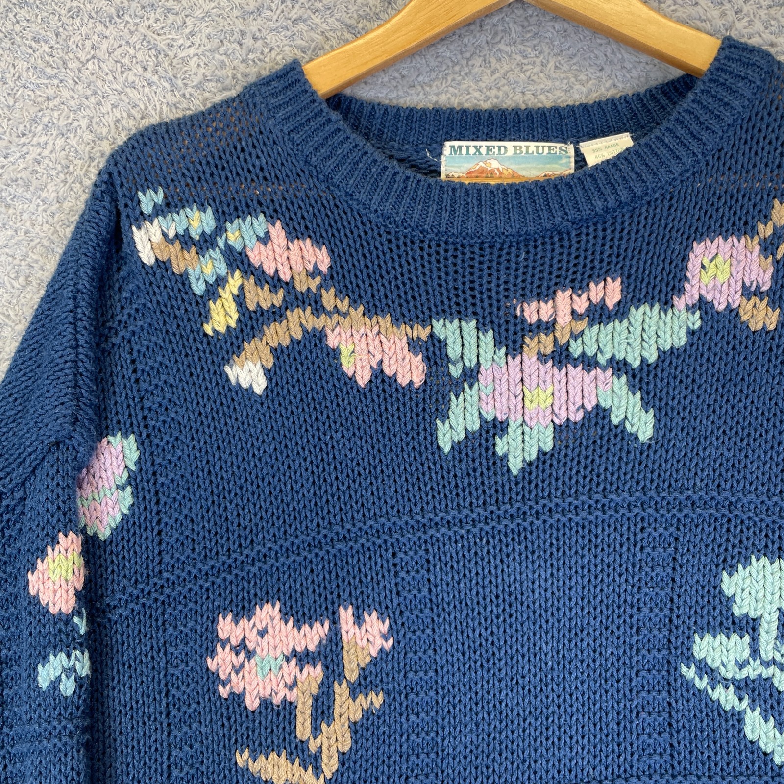Vintage 90s Mixed Blues Floral Butterfly Sweater Cottagecore Grandmacore Large