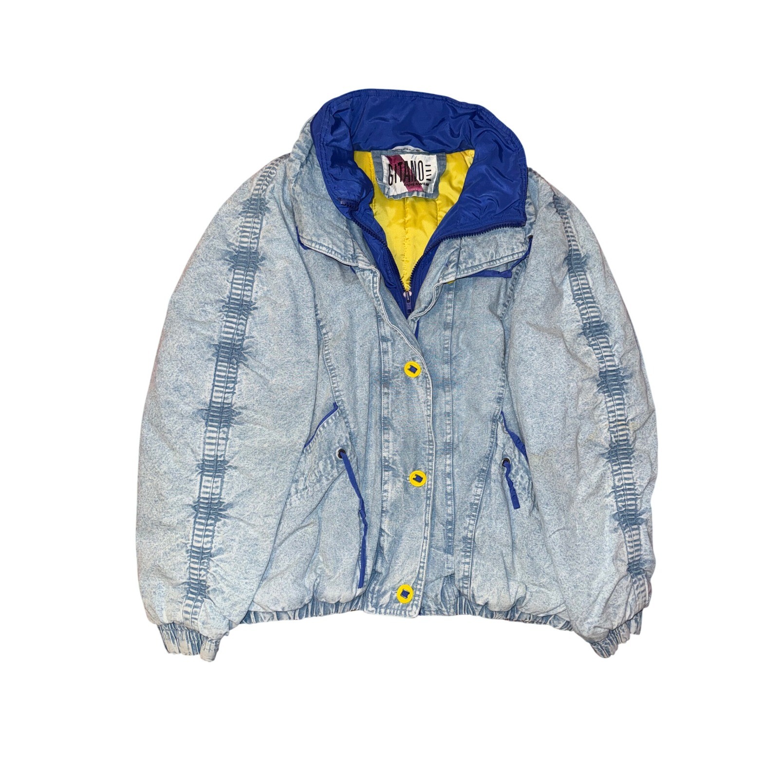Vintage Gitano Acid Wash Denim Puffer Jacket Blue Yellow 80s 90s Streetwear M