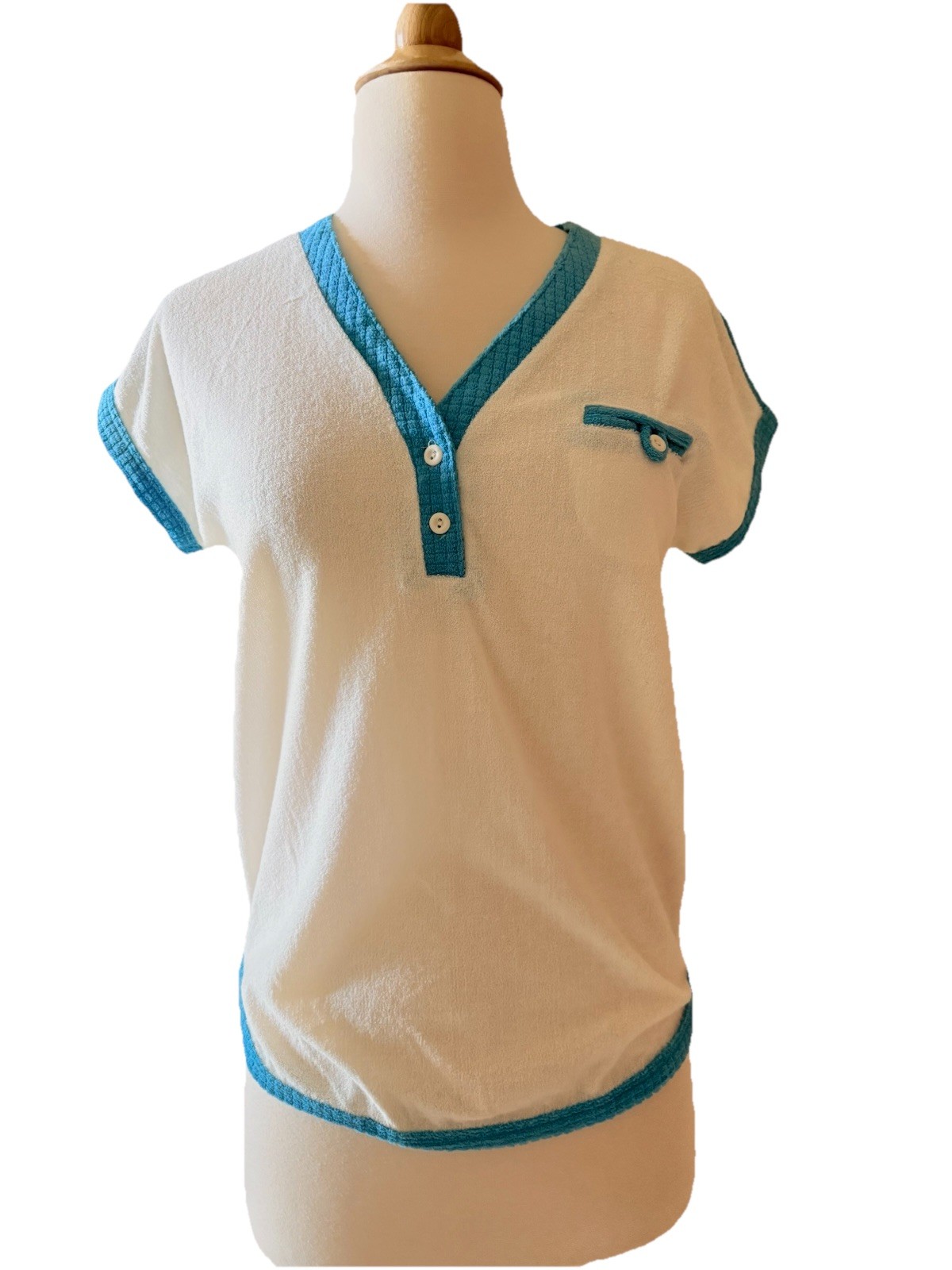 Vintage 70s Women Terry Towel Cloth Textured Top Tee Shirt White Blue M