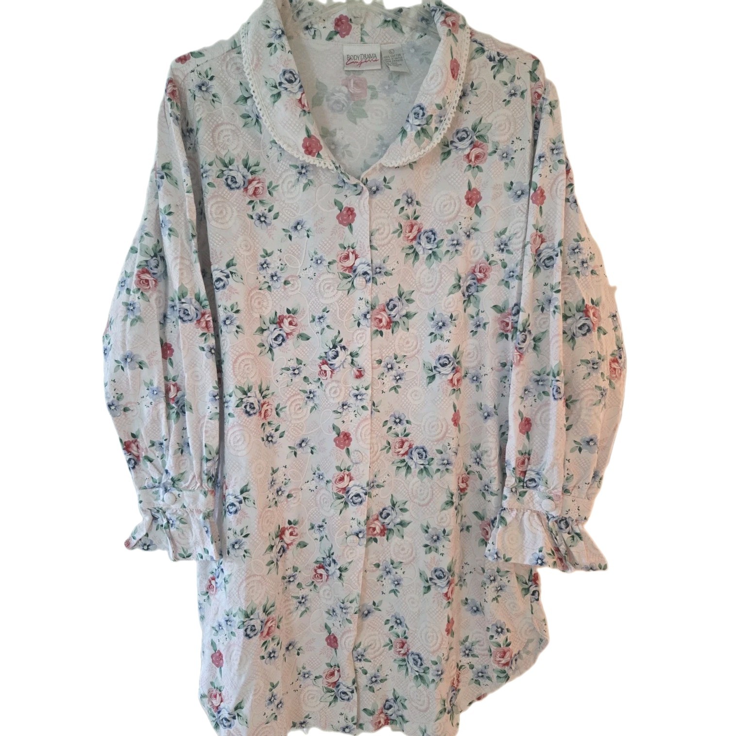 Body Drama Lingerie Pink Blue Roses Granny Gown VTG 90’s 100% Cotton L