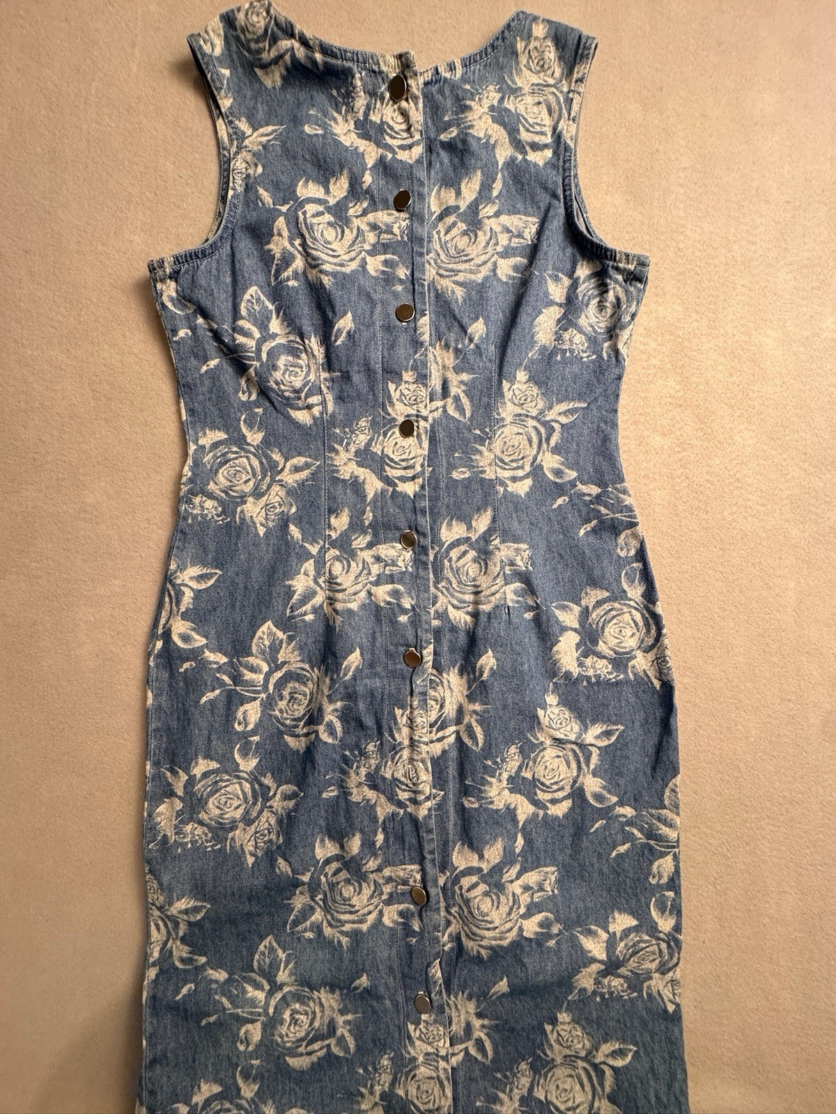 VTG Studio Ease 90s Floral Denim Maxi Dress Blue Cotton Button Back Measurements