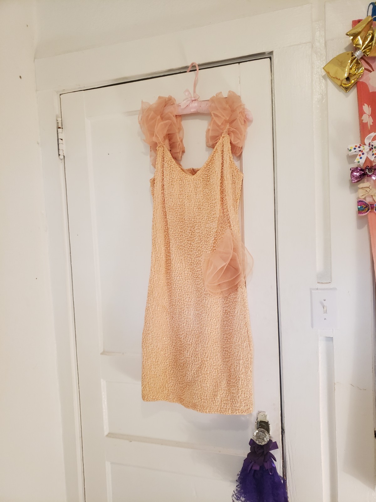 Vtg 80s Peach Ruched Bodycon Ruffle Tulle Party Dress Sz L Knit