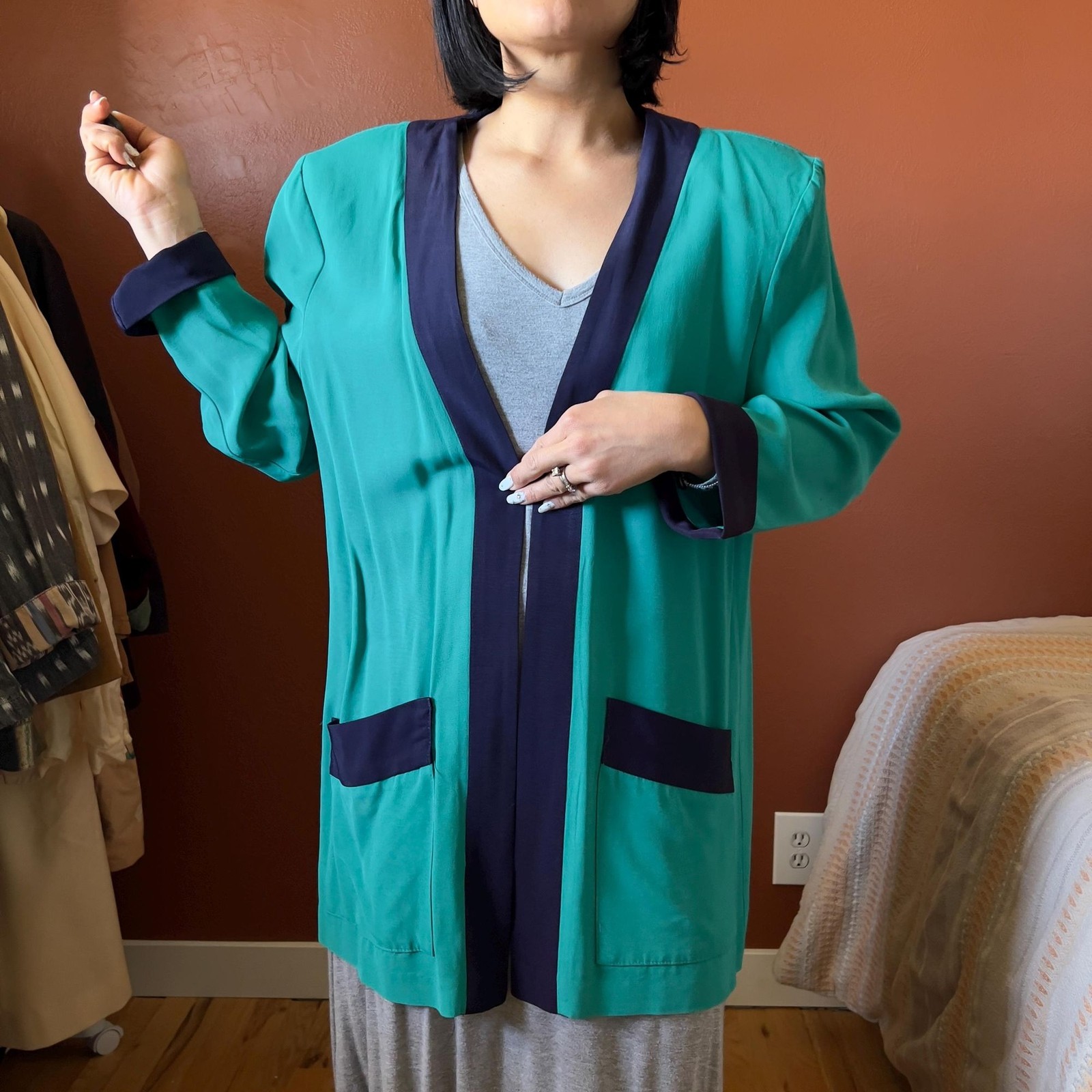vtg 80s color blocked green open front blazer size 14 made in USA casual