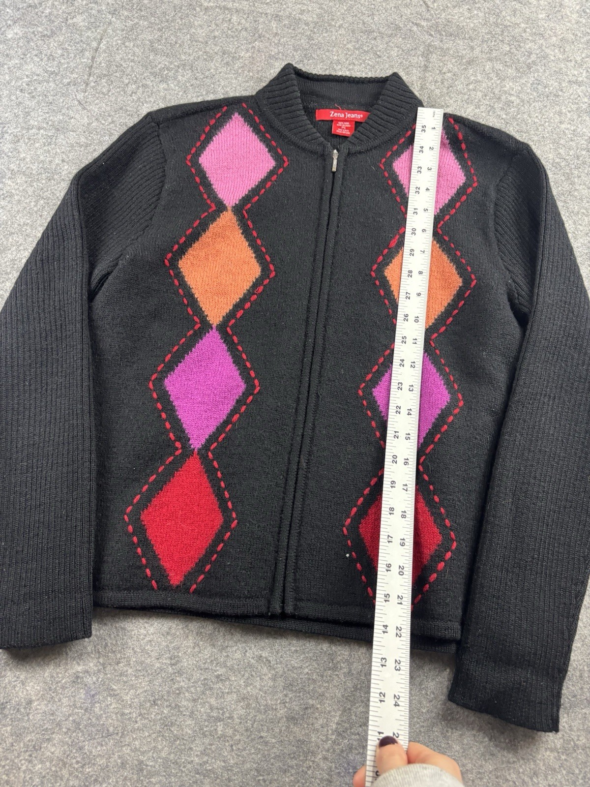 Zena Jeans VTG Argyle Diamond Zip Up Jacket Long Cardigan 100% Wool Women’s PS