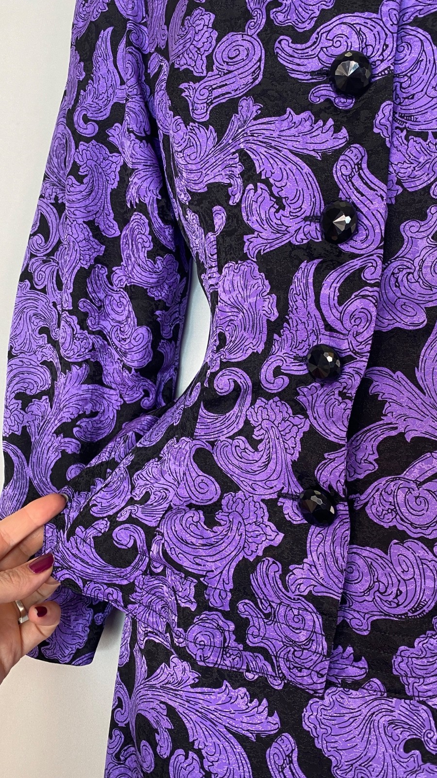 Vintage 1980s silk purple black dress set 1940s Victorian peplum jacket skirt