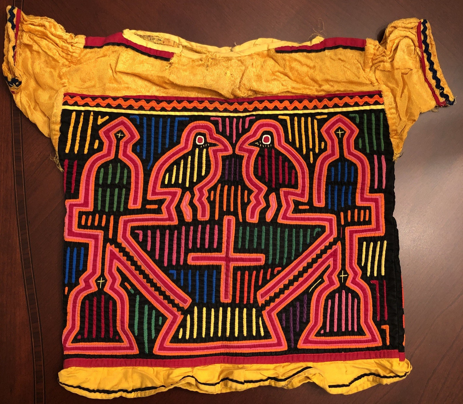 Vintage Kuna Mola Art Blouse Shirt Panama Handmade Religious Cross Bird 2 Panels