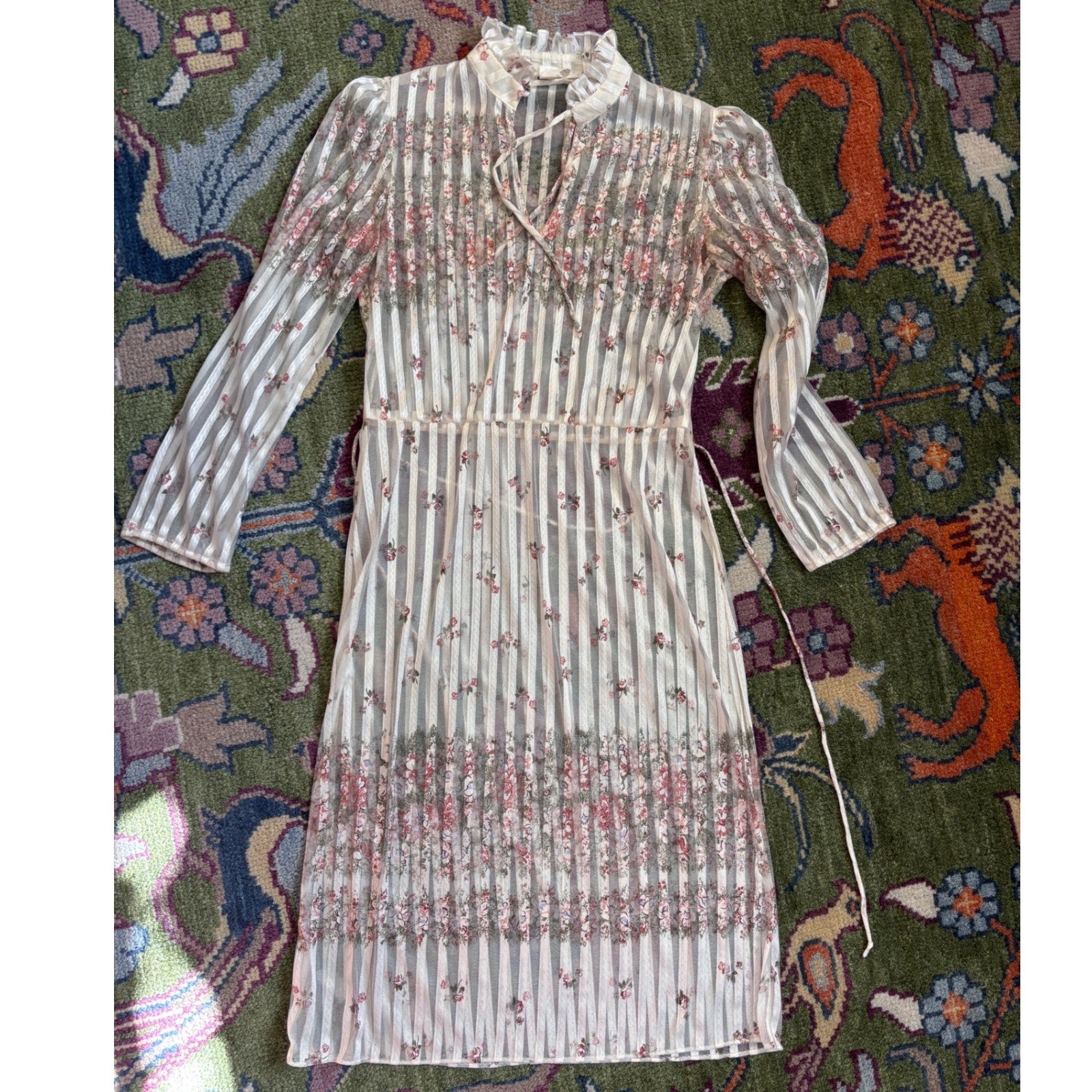 Vintage 70s Sheer Prairie Midi Dress Floral Stripe Ruffle Neck White Pink Green