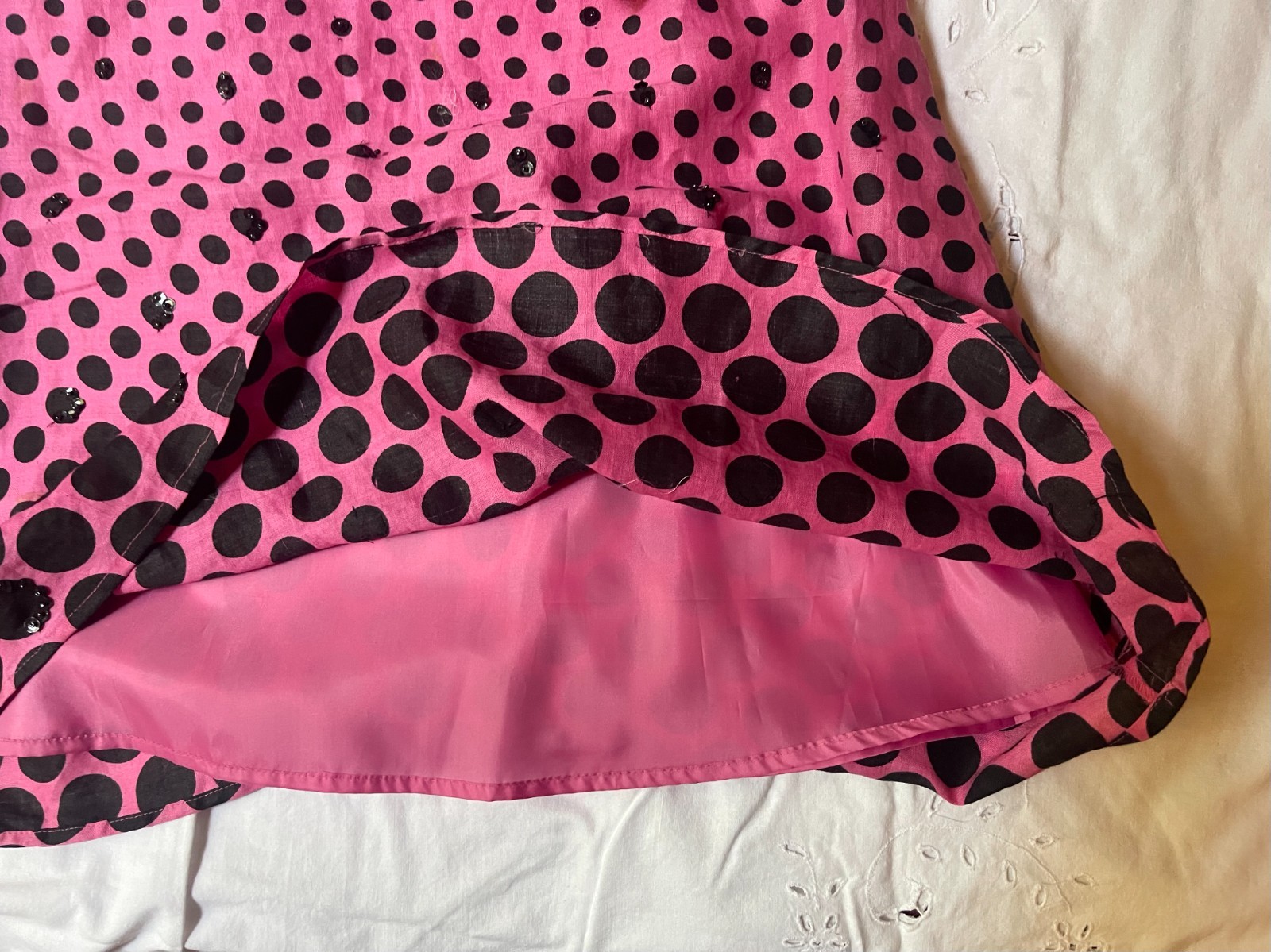 Vintage Pink Skirt SWING great dancing Small linen black polka dots 90’s (A)