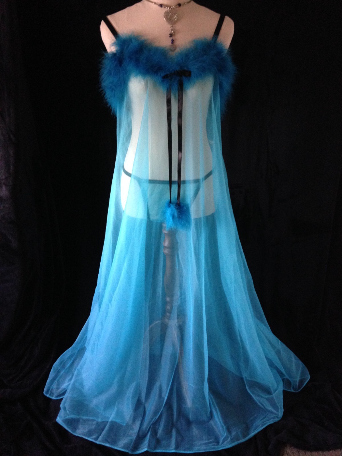 Blue Tulle Nightgown with Malibu Feather Trim & Pom Poms & Tulle Panties
