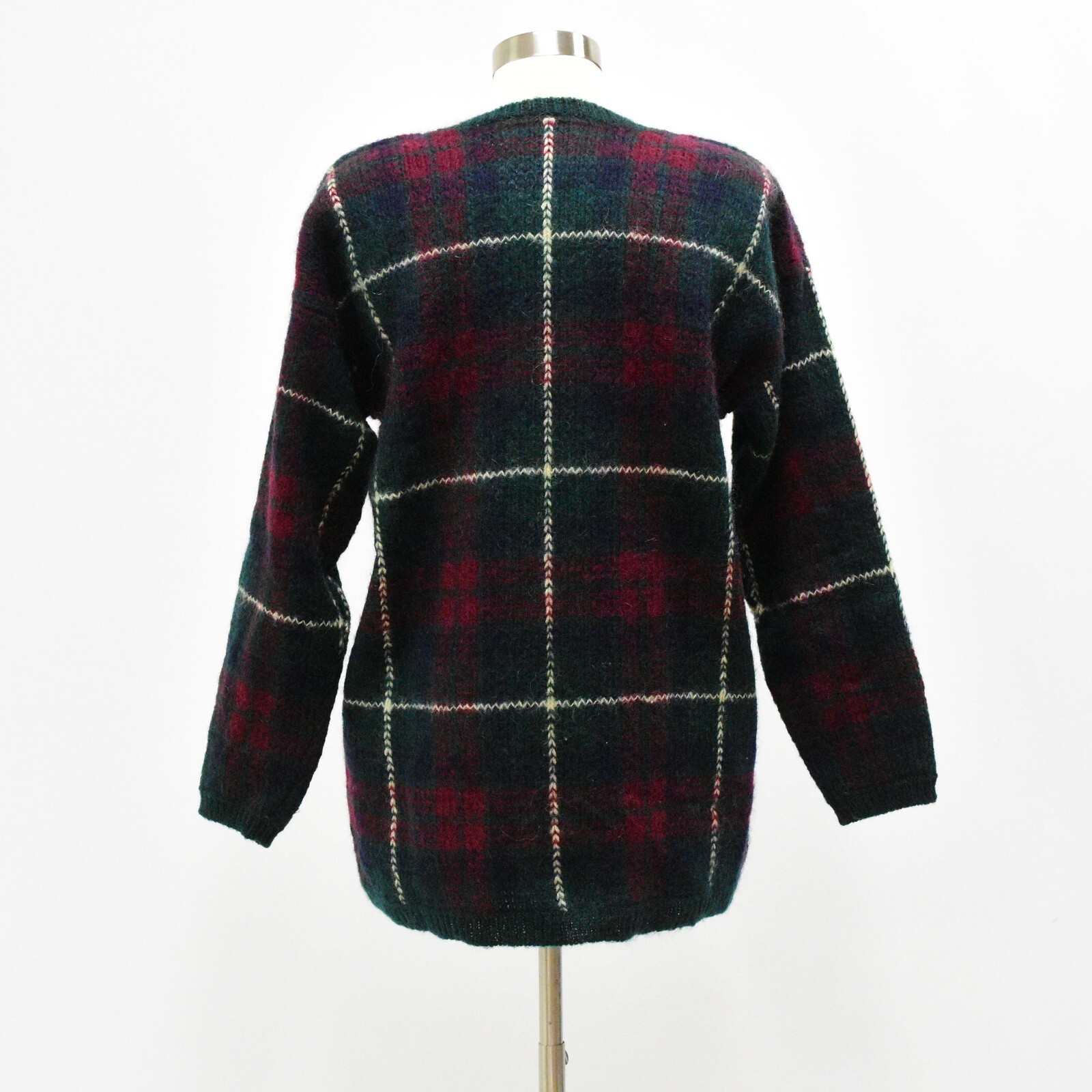 80s Vintage Womens M Plaid V Neck Hairy Tunic Sweater Paul Harris Design