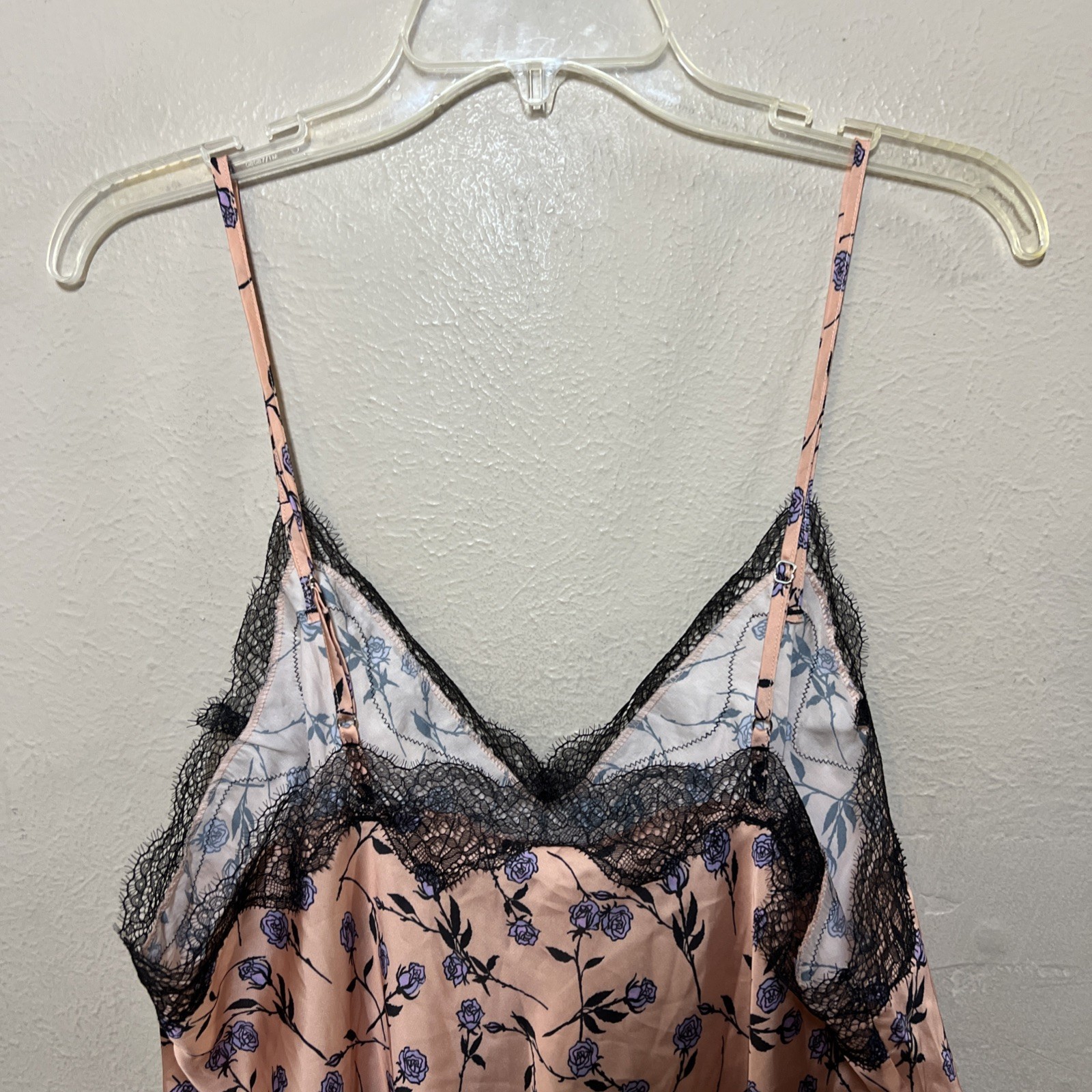 Victoria’s Secret Satin Slip Dress Chemise L Pink Purple Rose Black Lace Trim VS
