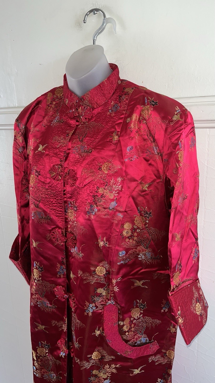Vtg Solz Squirrel Brand Red Satin Long Chinese Jacket Kimono Robe Frog Knot XL