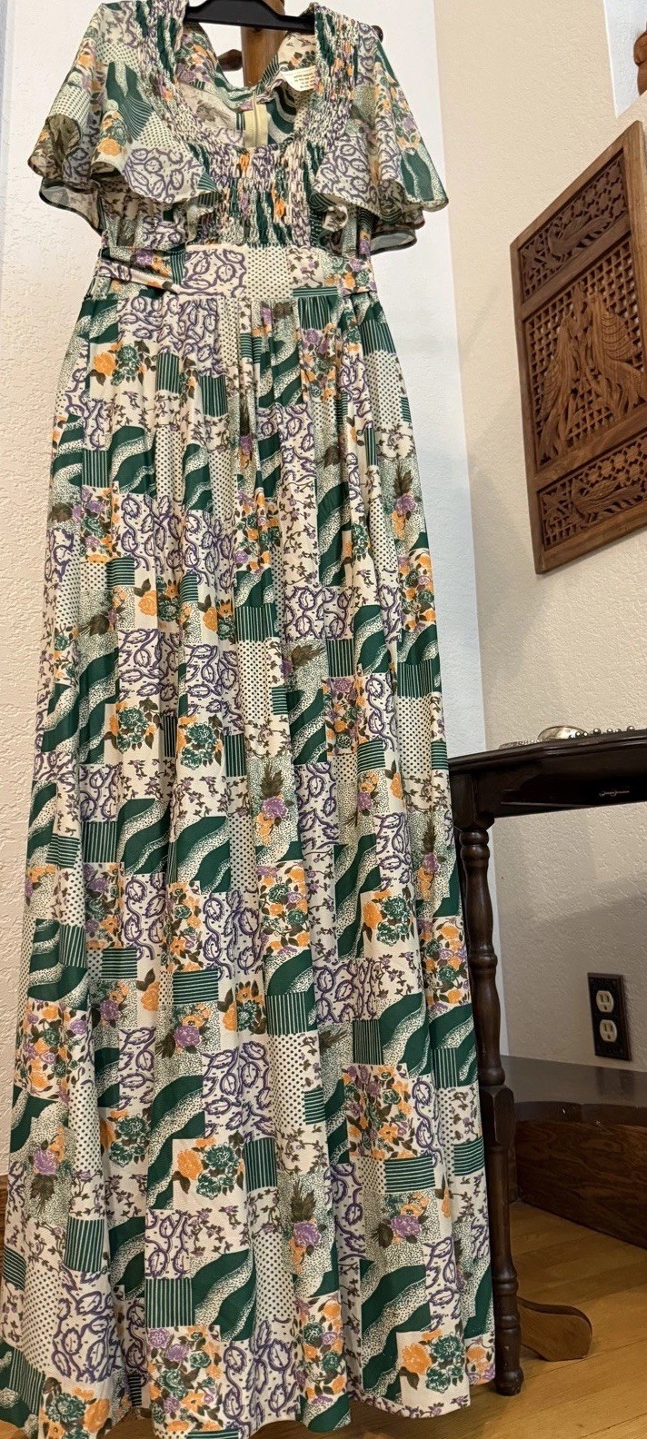 Vintage Handmade NWOT Polyester Patchwork Maxi Dress Smocked Tie Waist Small