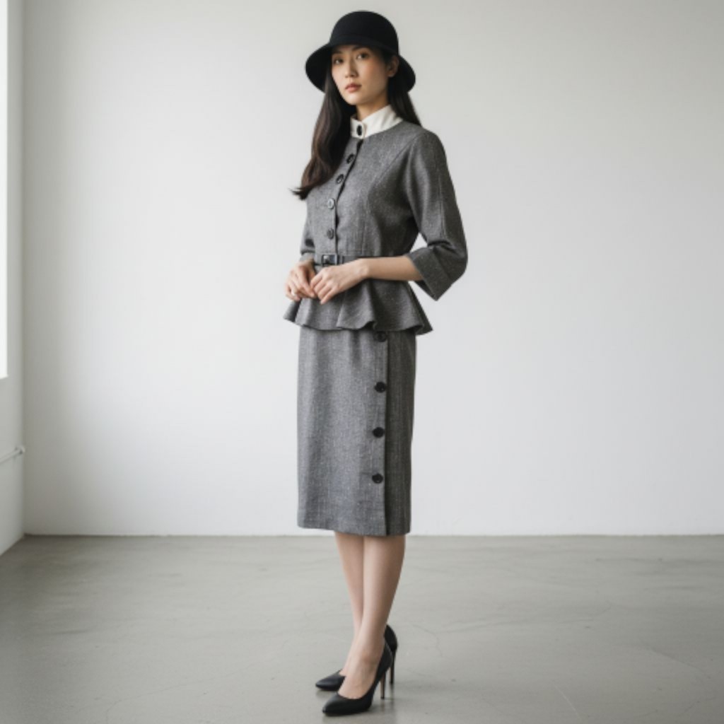Vintage 80s Gray Pencil Peplum Dress Sz 11 Tweed Academia Poetcore Modest