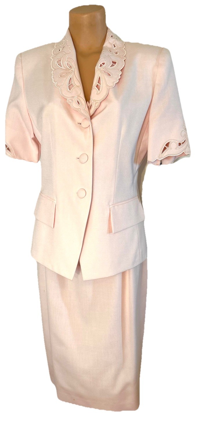 Kasper For ASL Skirt Suit Sz 10 Pink Lined Die Cut Lapel Short Sleeve Vtg Jacket