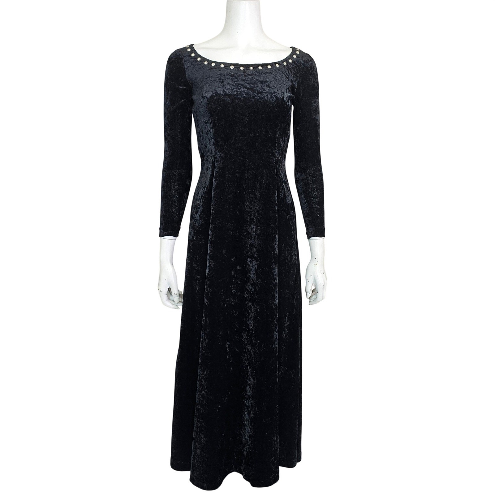 Vintage 90s Black Crushed Velvet Maxi Dress Goth Grunge Whimsygoth Size S