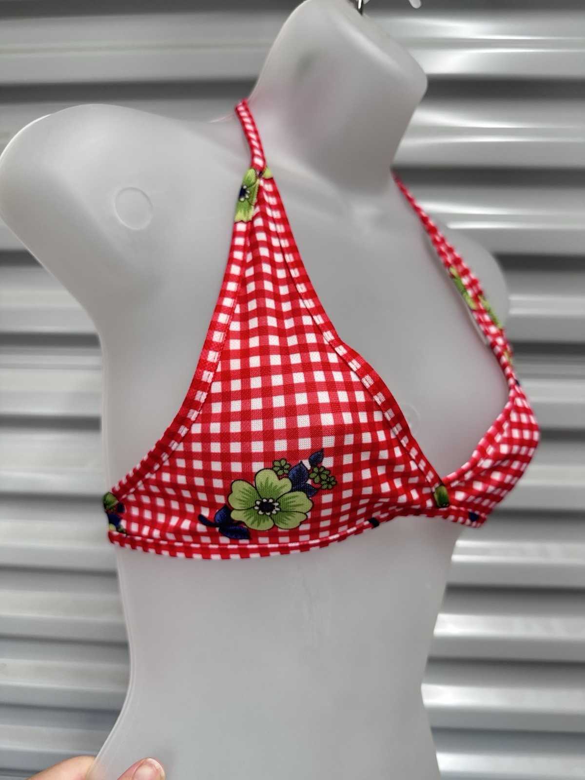 True Vintage 1970s String Bikini Halter Top Red White Gingham Floral XS – S – M