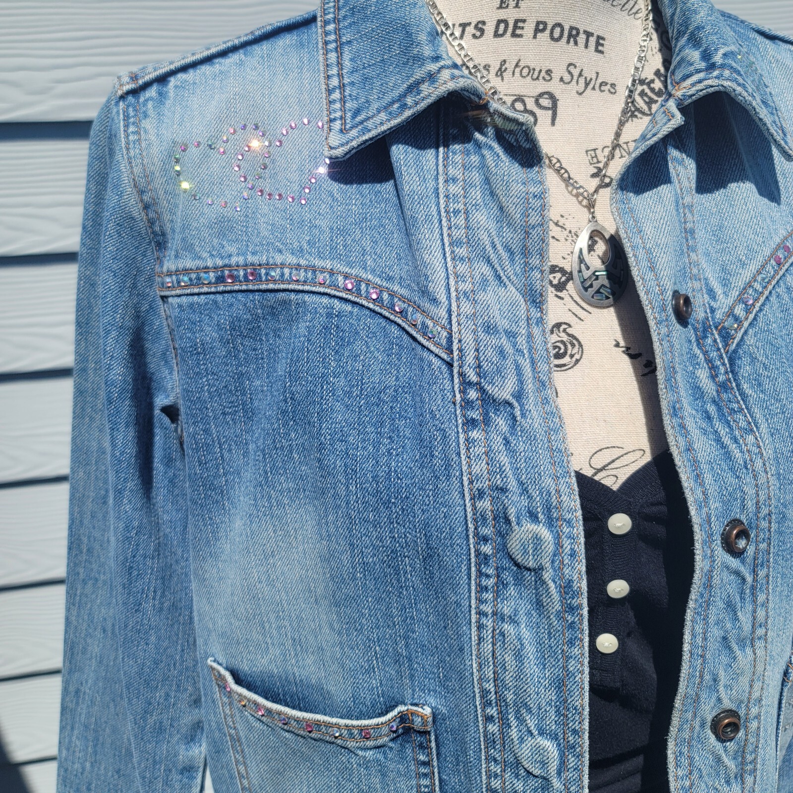 Vintage Y2K Upcycled Redone Custom Bling Gothic Cross Western Jean Jacket Medium