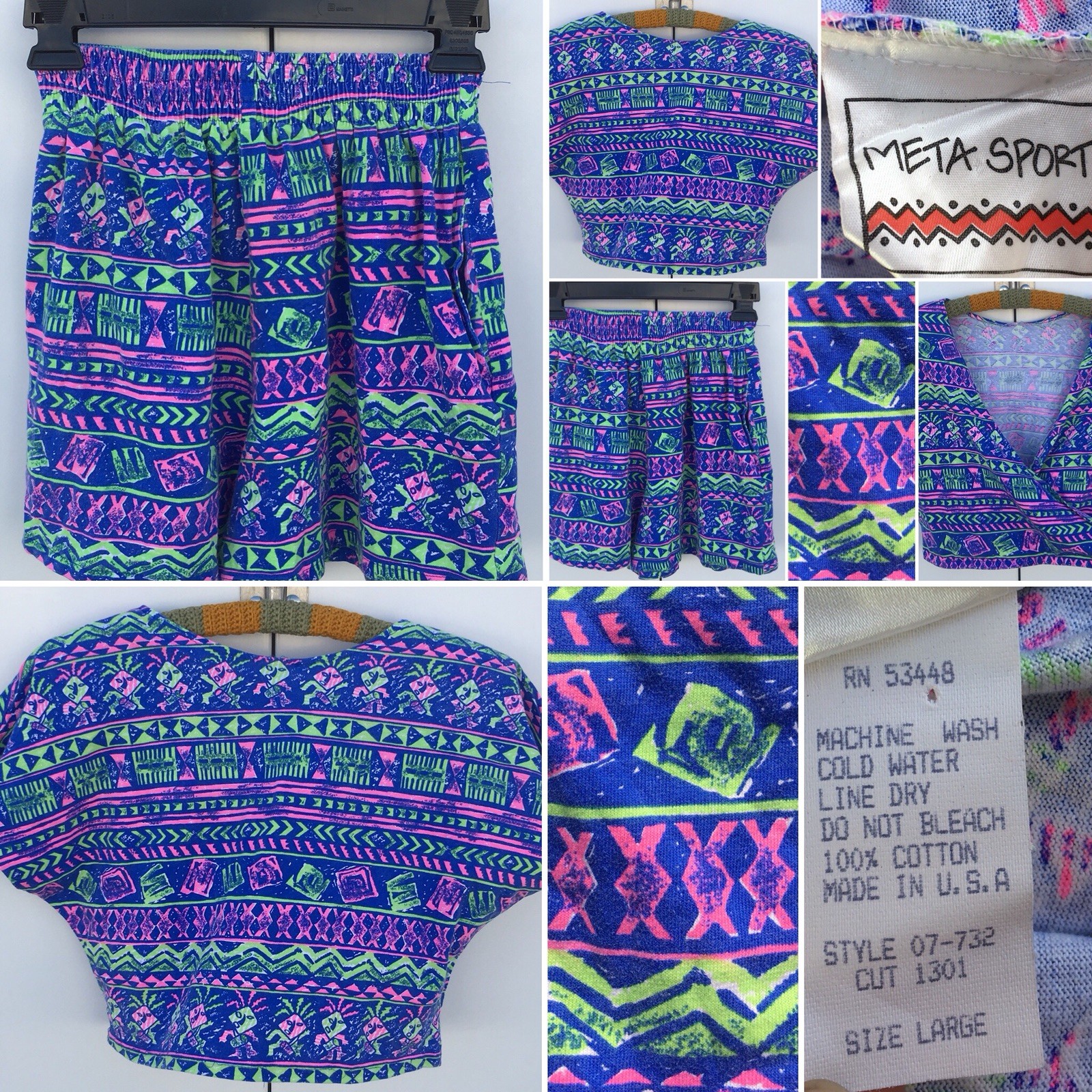 Vintage Meta Sport Shorts & Crop Top 80s Neon Geometric 1980s Size L runs small