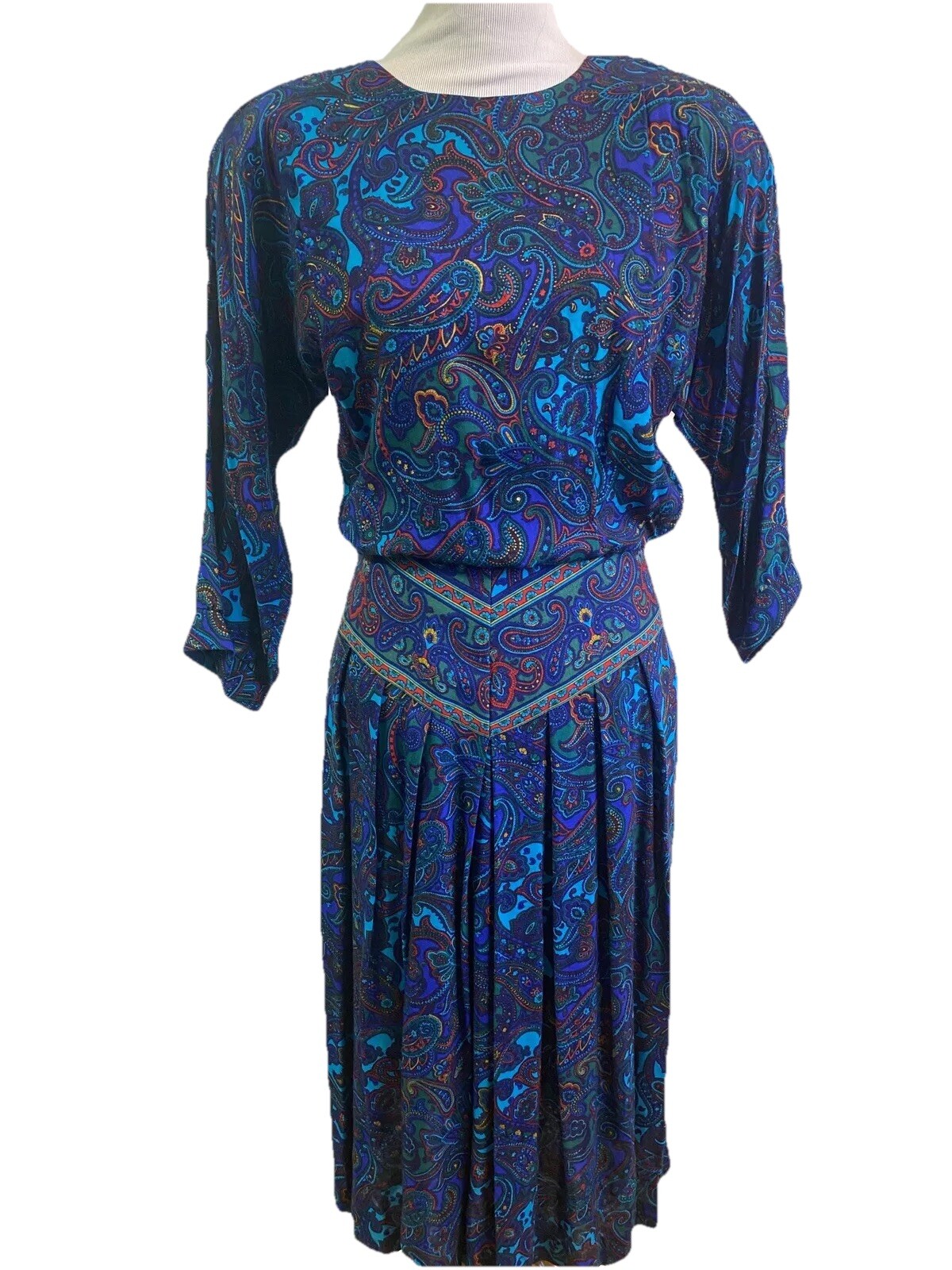 Vintage 80s Drop Waist Multicolor Paisley Print 3/4 Sleeve Pleated Skirt Dress 6