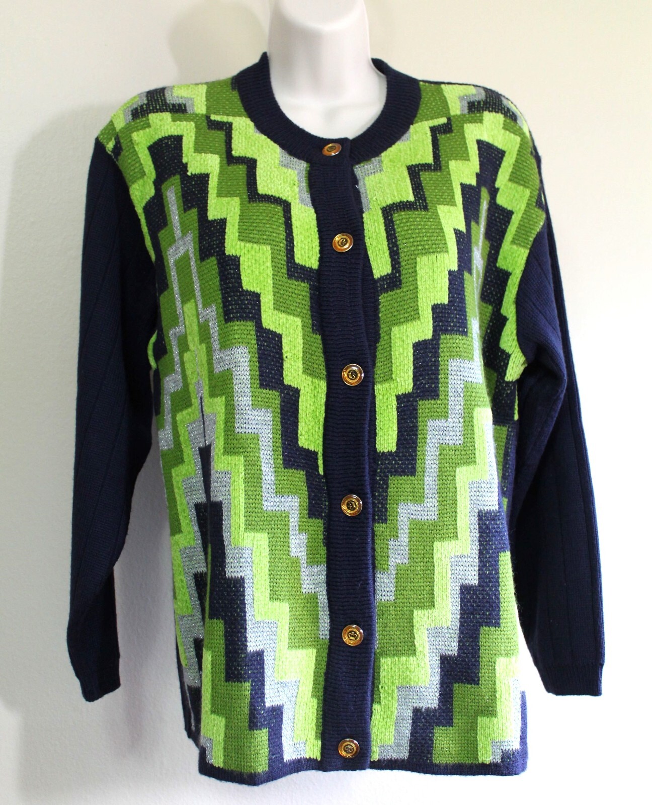 M Vintage 60s d. 1920s Camela Cardigan Art Deco Navy Green Wool Blend Sweater