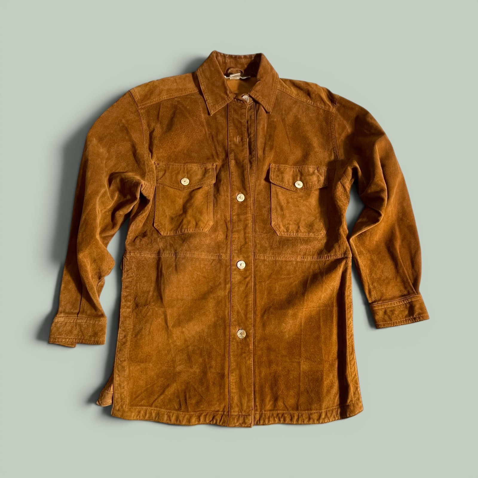 Vintage Brown Suede Leather Longline Shirt Jacket Oversized Shacket Tobacco 0059