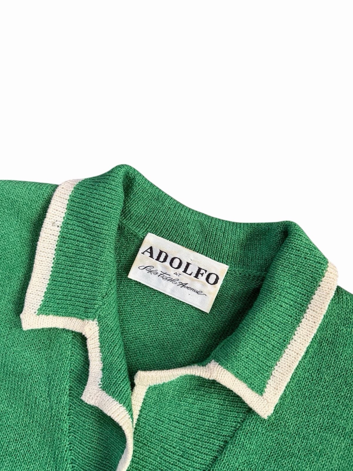 Adolfo vintage green knit polo dress with white trim and gold-tone buttons