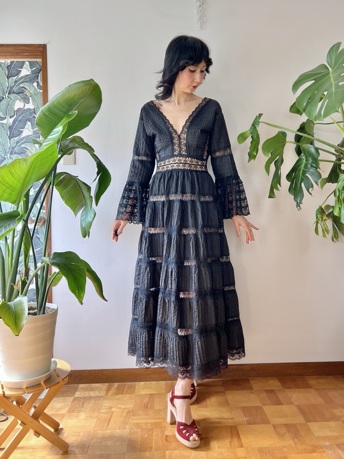 VTG 60s Mexican Wedding Dress Black Lace Pintuck Bell Sleeve Maxi S/M Boho Hippy